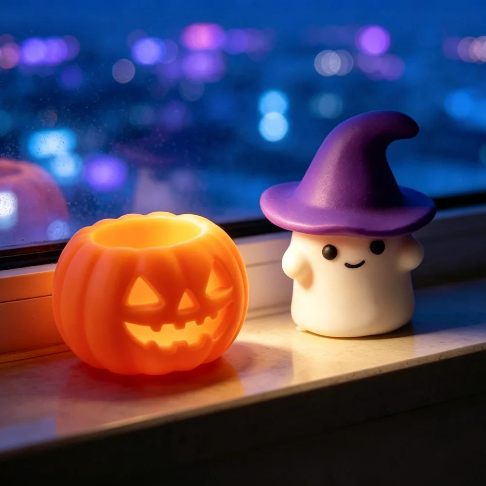 Wizard Ghost & Pumpkin Figurine – Cute Halloween Shelf Decor