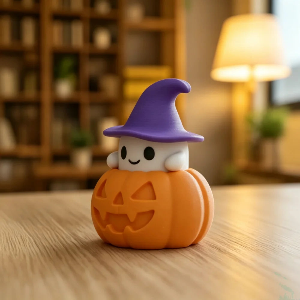 Wizard Ghost & Pumpkin Figurine – Cute Halloween Shelf Decor
