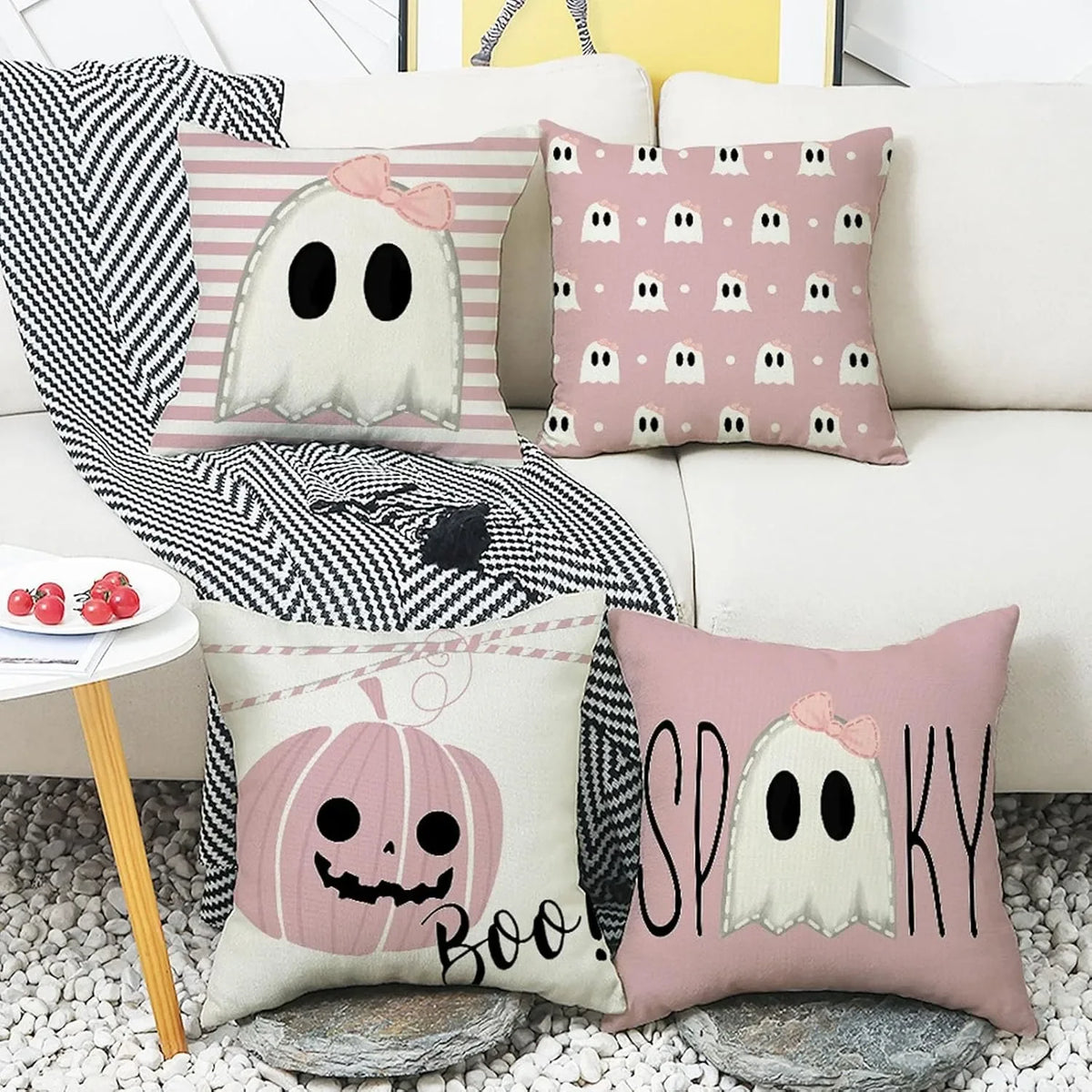 Pink Halloween Pillow Covers - Cute Ghost & Pumpkin Decor
