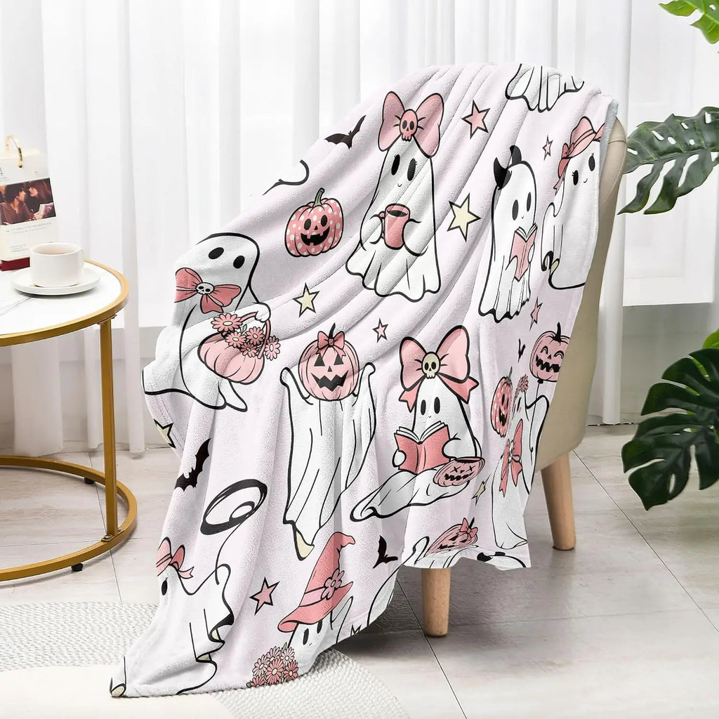 Cute Pastel Halloween Throw Blanket - Ghost & Pumpkins