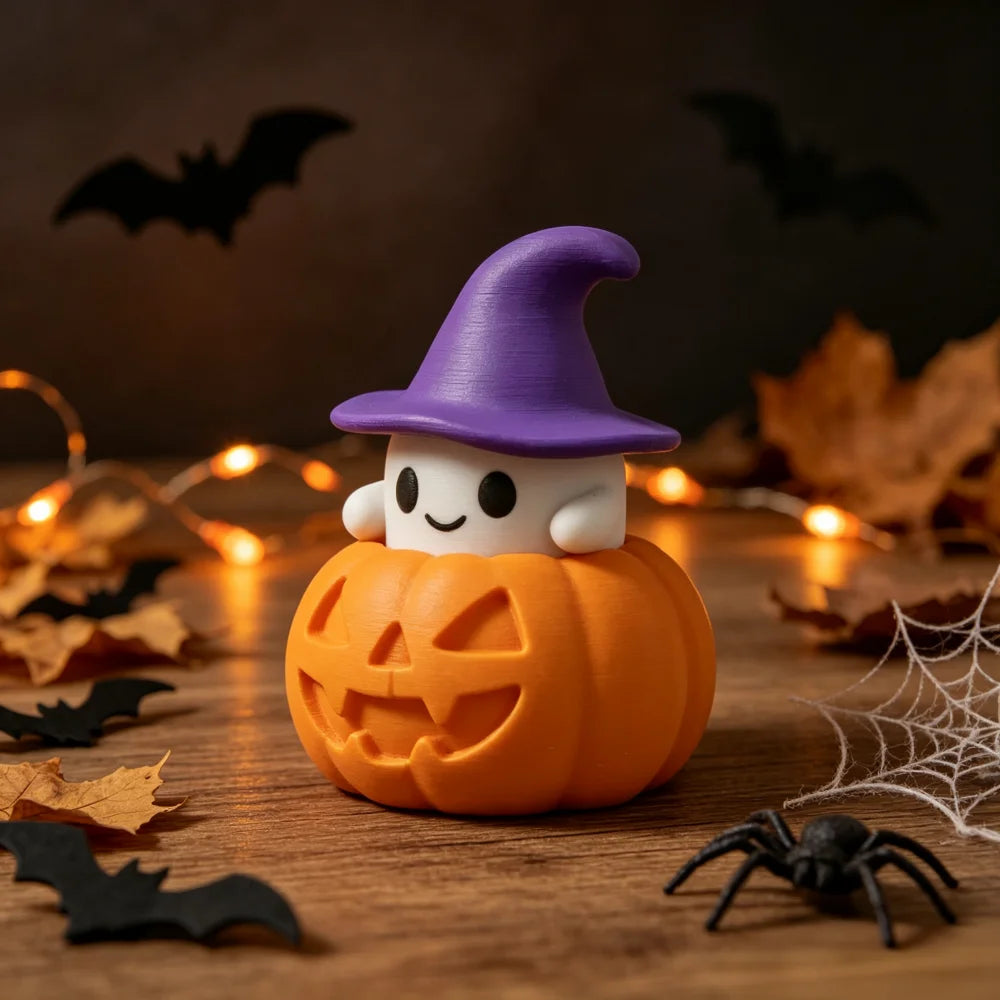Wizard Ghost & Pumpkin Figurine – Cute Halloween Shelf Decor