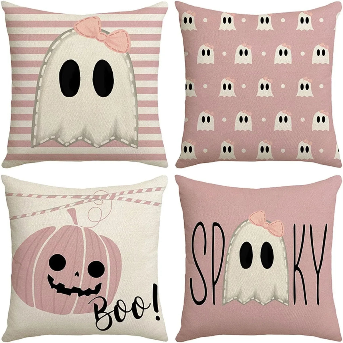 Pink Halloween Pillow Covers - Cute Ghost & Pumpkin Decor
