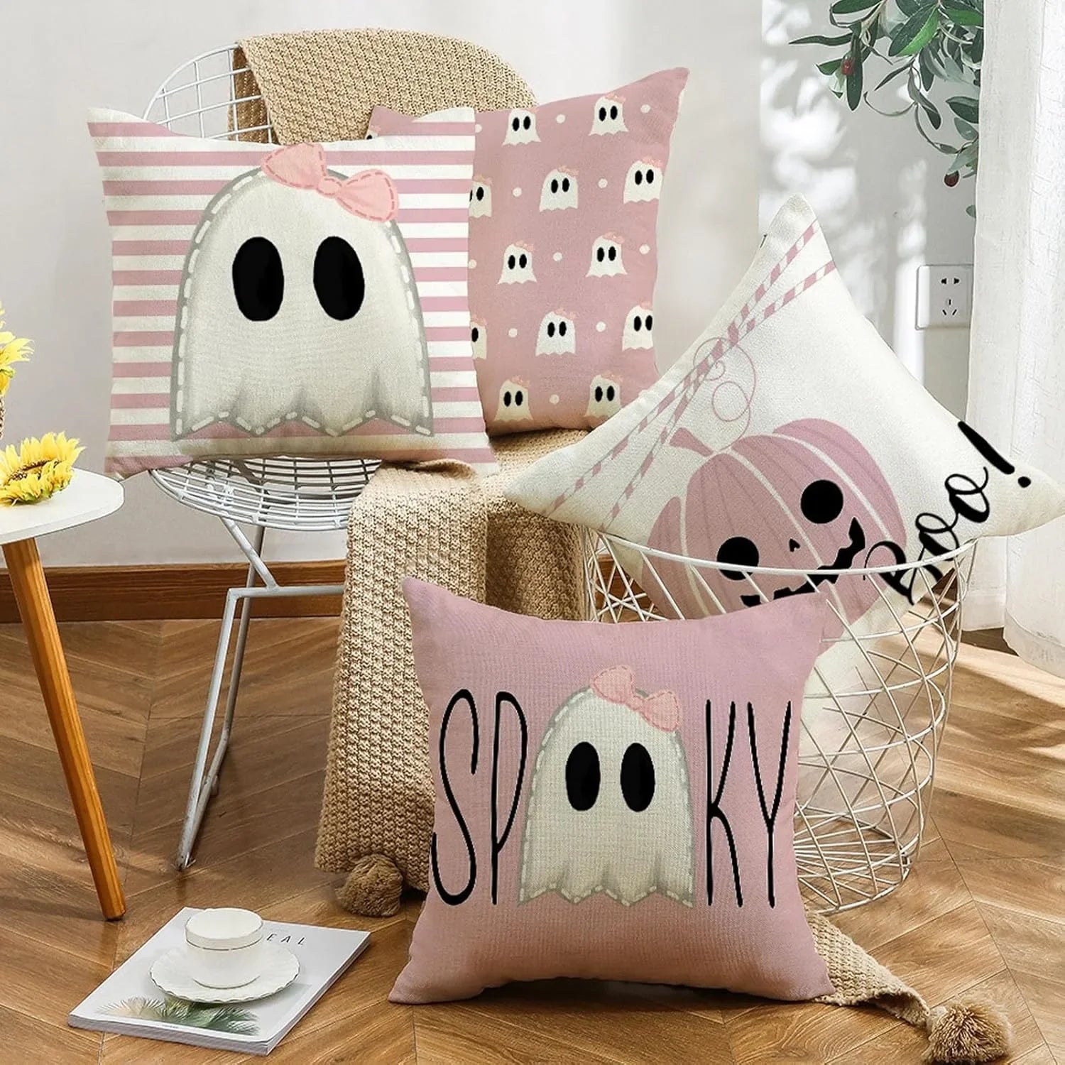 Pink Halloween Pillow Covers - Cute Ghost & Pumpkin Decor