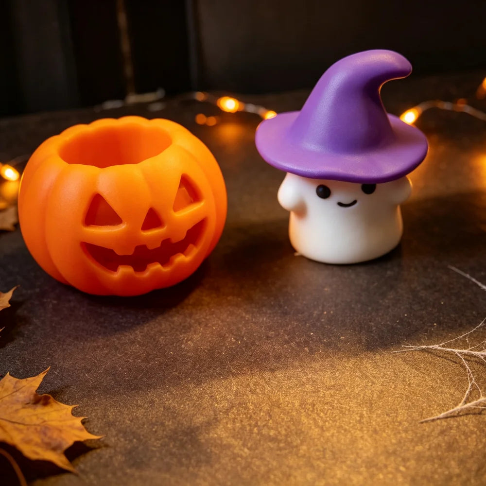 Wizard Ghost & Pumpkin Figurine – Cute Halloween Shelf Decor