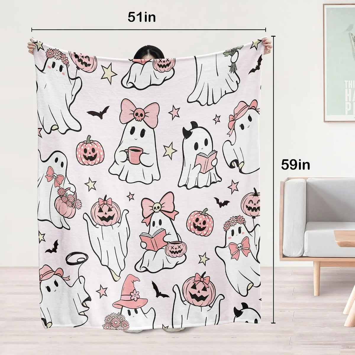 Cute Pastel Halloween Throw Blanket - Ghost & Pumpkins
