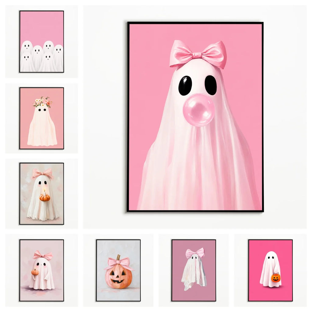 Pink Ghost Wall Art Print – Cute Halloween Poster, Unframed