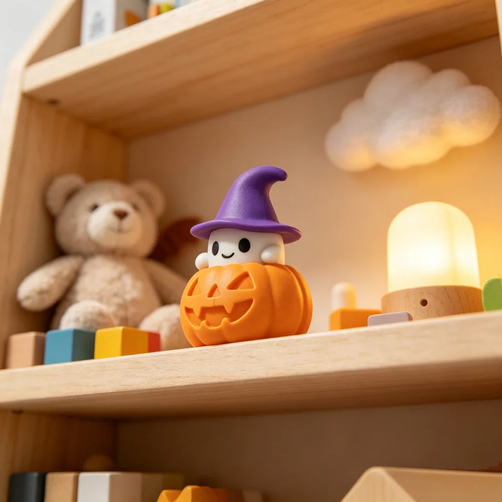 Wizard Ghost & Pumpkin Figurine – Cute Halloween Shelf Decor