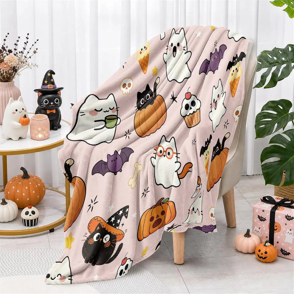 Cute Pastel Halloween Throw Blanket - Ghost & Pumpkins