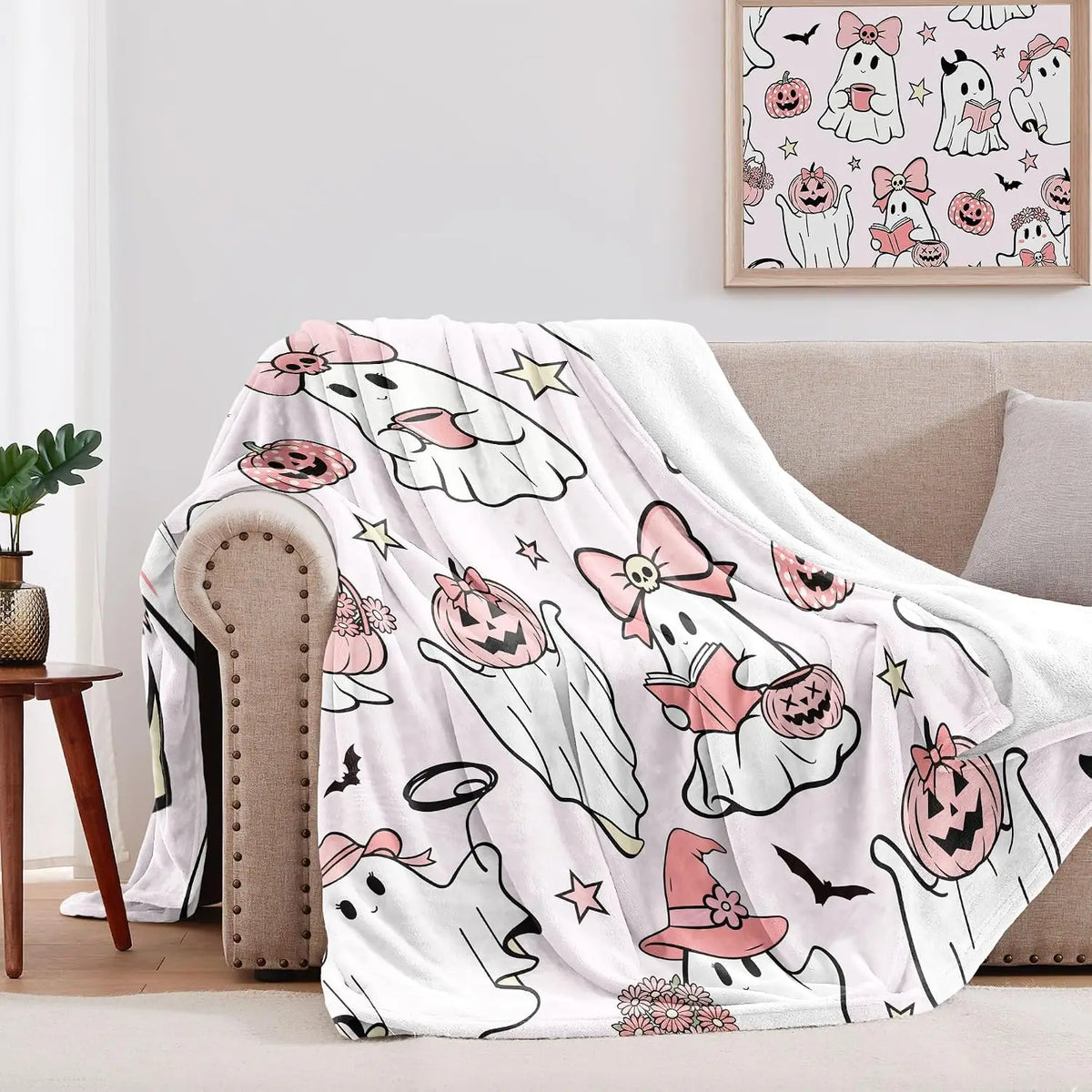 Cute Pastel Halloween Throw Blanket - Ghost & Pumpkins